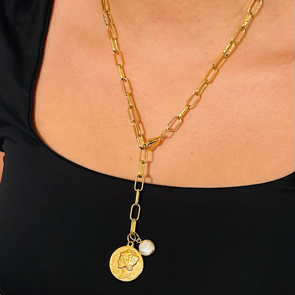 Coin pendant gold paper clip chain necklace with pearl accent